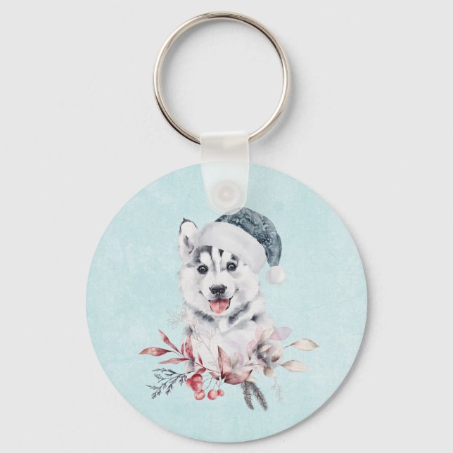 Weihnachts-Husky-Hund in einer Weihnachtsmannmütze Schlüsselanhänger (Vorderseite)