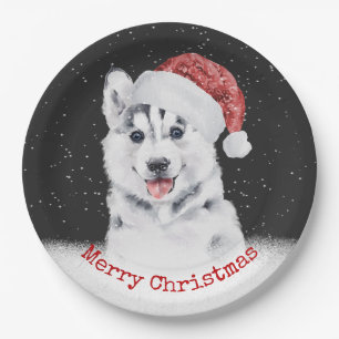 Weihnachts-Husky in Schneeflocken Karte Pappteller
