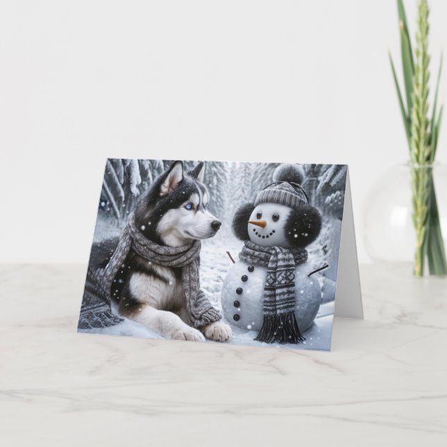 Weihnachts-Husky und Schneemann im Winterwald Karte (Vorderseite)