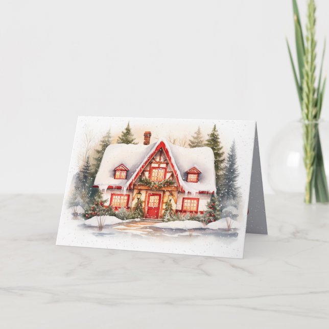 Weihnachts-Hütte mit Schneeflocken Feiertagskarte (Vorderseite)