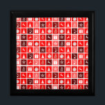 Weihnachts Icon Red Squares Holiday Art Classic Erinnerungskiste<br><div class="desc">Ein niedliches Weihnachtsmuster mit Weihnachtsdekorationen,  Rentieren,  Geschenken,  Stars und Weihnachtsballen.</div>