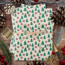 Weihnachts-Imitate Patchwork Bäume und Poinsettias Geschenkpapier Set