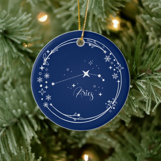 Weihnachts-Individuelle Name Aries Zodiac Blue Sil Keramik Ornament (Baum)