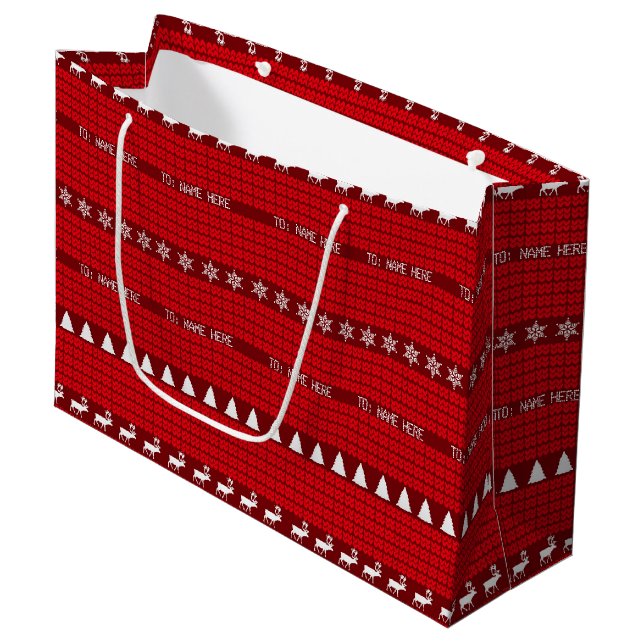 Weihnachts-Individuelle Name Red White Knitter Pul Große Geschenktüte (Vorderseite Schrägansicht)
