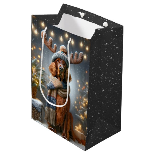 Weihnachts-Irish Setter mit Rentier Antlers Mittlere Geschenktüte (Vorderseite Schrägansicht)