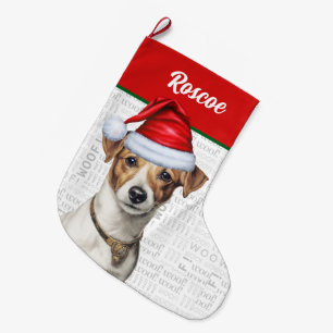 Weihnachts-Jack Russell mit dem Namen Woof Backgro Großer Weihnachtsstrumpf