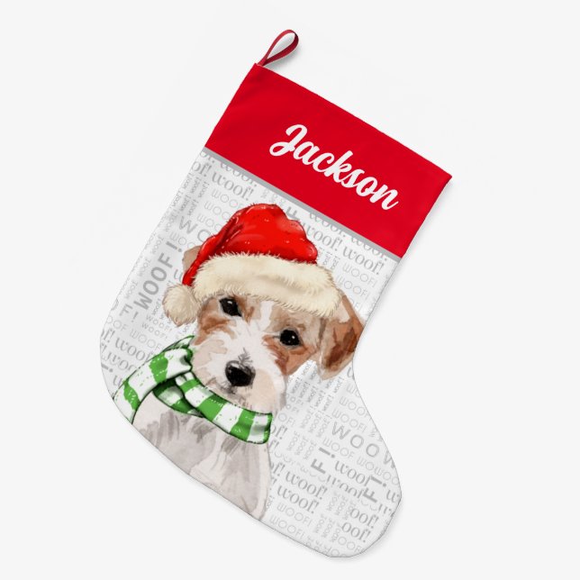 Weihnachts-Jack Russell Terrier mit dem Namen des  Großer Weihnachtsstrumpf (Vorderansicht (hängend))
