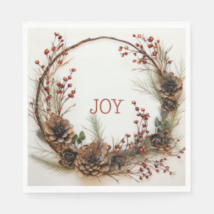 Weihnachts Joy Twig Wreath Pine Cones Red Berries Serviette