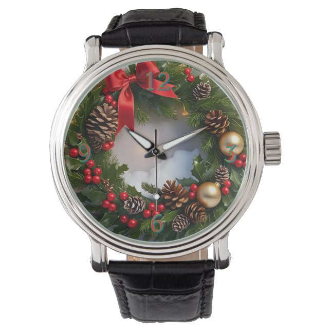 Weihnachts-Käfer Pine Red Ribbon Snow Armbanduhr (Vorderseite)