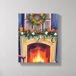 Weihnachts-Kamin-Kranz Wasserfarben Leinwanddruck