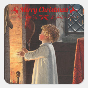 Weihnachts-Kamin, Strümpfe und ein Kind Quadratischer Aufkleber