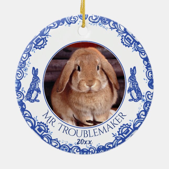 Weihnachts-Kaninchen Foto Datum Blue Willow Keramik Ornament (Hinten)