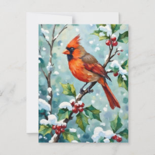 Weihnachts-Kardinal auf einem Holly-Zweig Postkarte