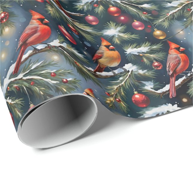 Weihnachts-Kardinal auf Schneebründen und Ornament Geschenkpapier (Rolleneckpunkt)
