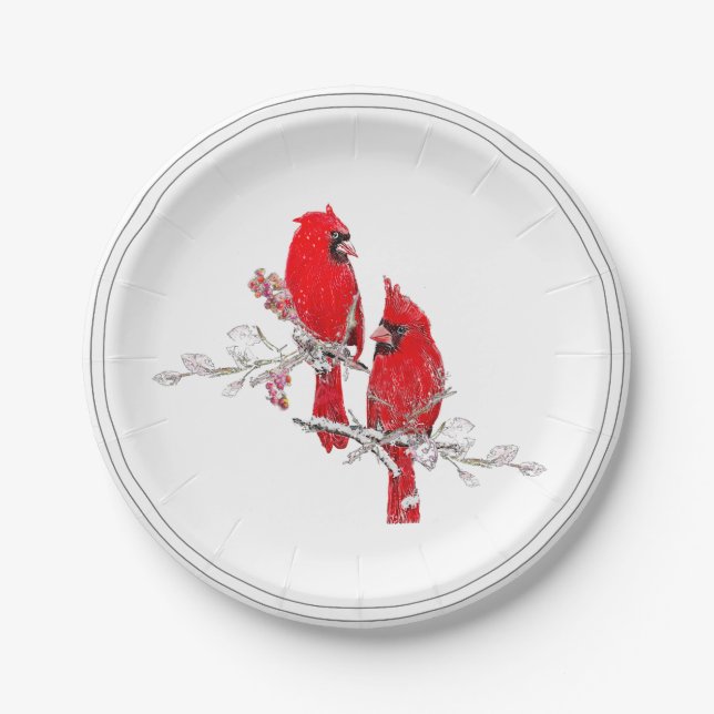 Weihnachts-Kardinal Berries Snow Holiday Pappteller (Vorderseite)