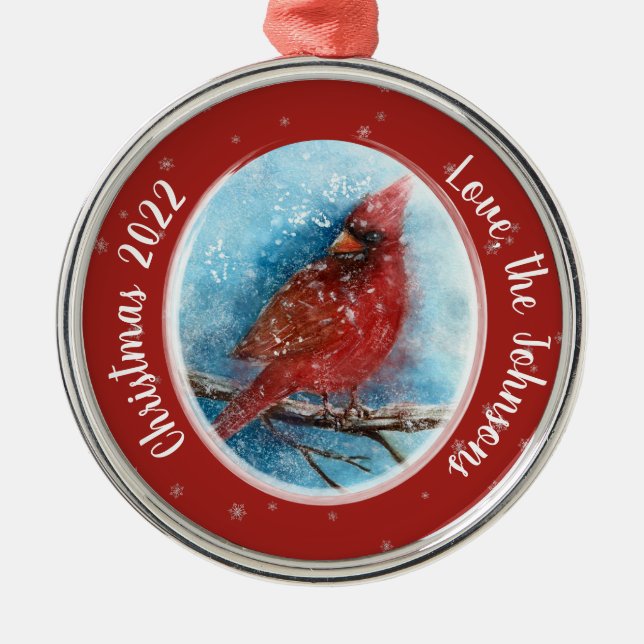 Weihnachts-Kardinal Schneeflocken auf Rot oder Bla Ornament Aus Metall (Vorne)