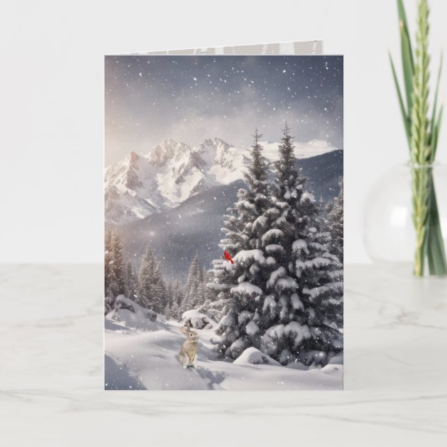 Weihnachts-Kardinal und Kaninchen in Schneeflocken Karte (Vorderseite)