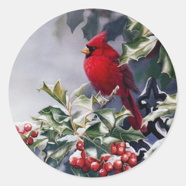 Weihnachts-Kardinal-Vogel auf Holly Berries Runder Aufkleber (Vorderseite)
