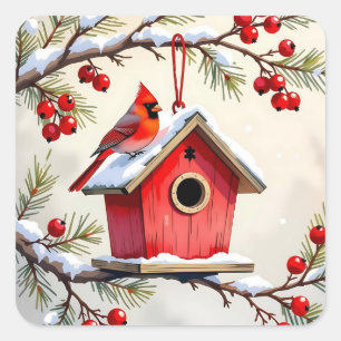 Weihnachts-Kardinal-Vogelhaus schneebedeckter Kief Quadratischer Aufkleber