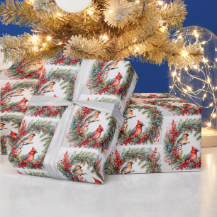 Weihnachts-Kardinäle, Beeren, Zapfen-Kranz Geschenkpapier