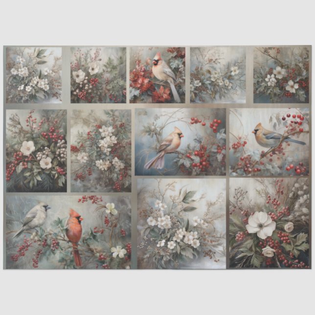 Weihnachts-Kardinäle & Winter Florals für Decoupag Seidenpapier (Vorderseite)