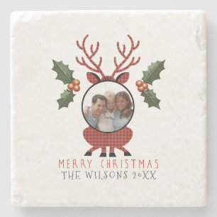 Weihnachts-Kariert-Rentier mit personalisiertem Fo Steinuntersetzer