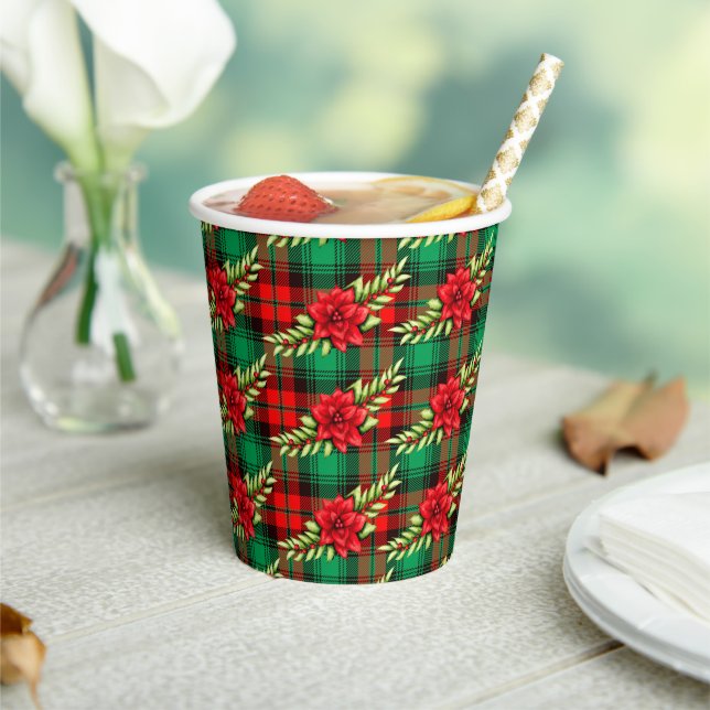 Weihnachts Karierte Poinsettias und Blätter Papier Pappbecher (In Situ)