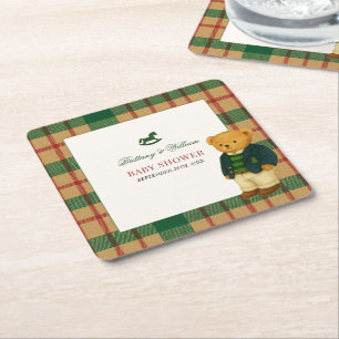 Weihnachts-Karo-preppy-Bär-Baby-Party Rechteckiger Pappuntersetzer