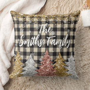Weihnachts-Karo und Glitter-Familienname Kissen