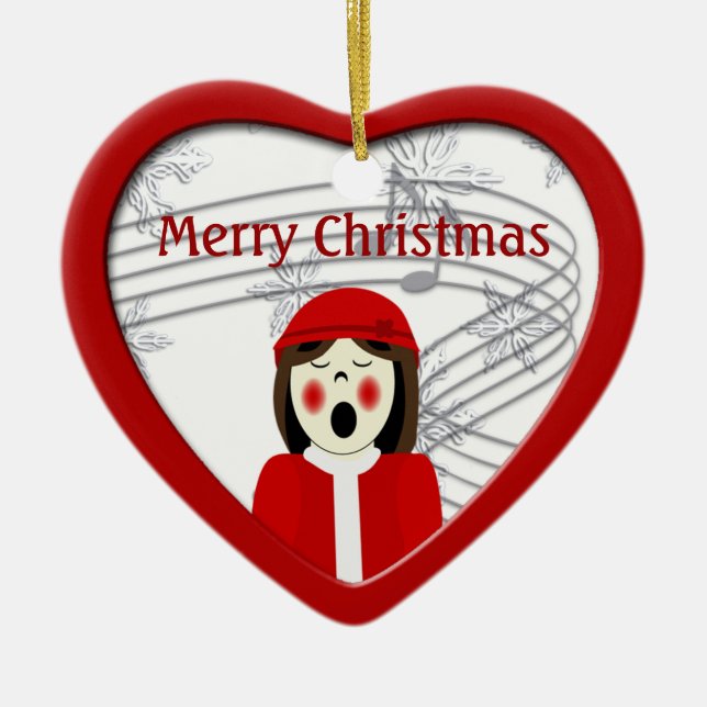 Weihnachts-Karoler-Frau Herzdekoration Keramikornament (Vorne)