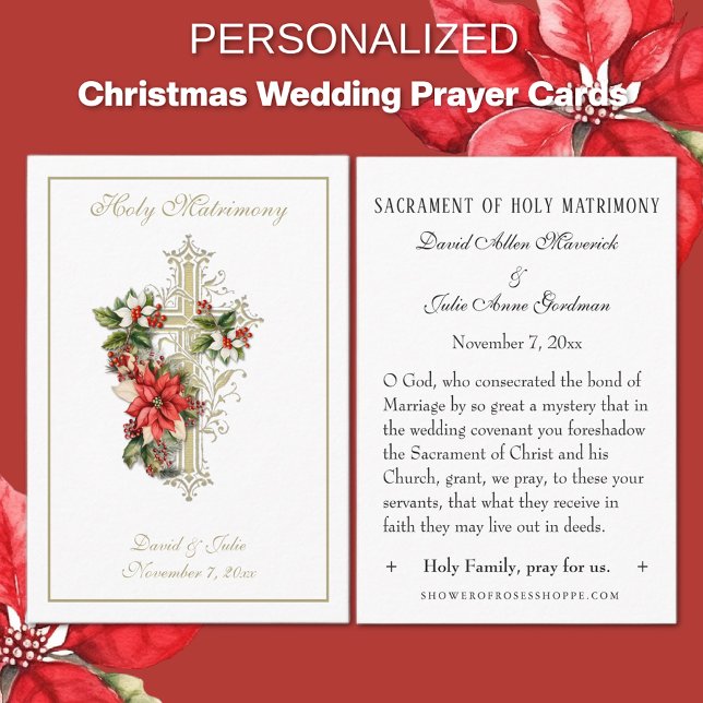 Weihnachts-Katholische Gastgeschenk Hochzeit Heili Visitenkarte (Traditional Catholic Gold Cross Poinsettia Christmas prayer cards)