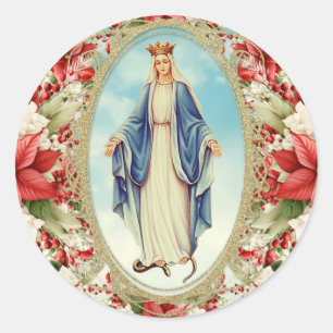 Weihnachts-Katholische Jungfrau Mary Poinsettias Runder Aufkleber