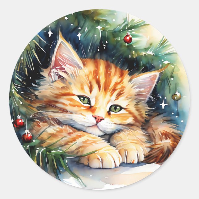 Weihnachts-Kätzchen unter dem Baum Runder Aufkleber (Vorderseite)