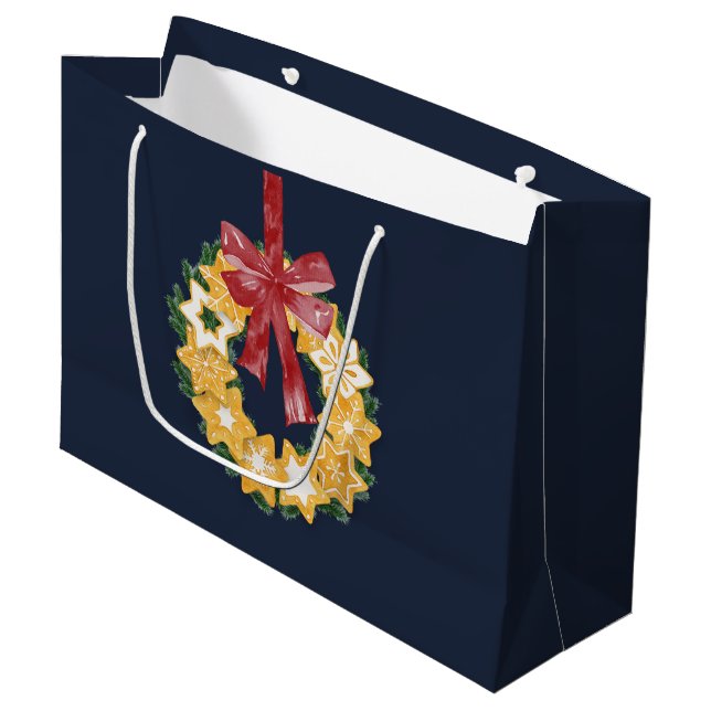 Weihnachts-Keks mit blaugrauem Hintergrund Große Geschenktüte (Vorderseite Schrägansicht)