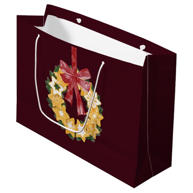 Weihnachts-Keks mit Burgunder Hintergrund Große Geschenktüte (Vorderseite Schrägansicht)