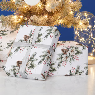 Weihnachts-Kiefernzapfen Zweige Blumen Stechpalme Geschenkpapier