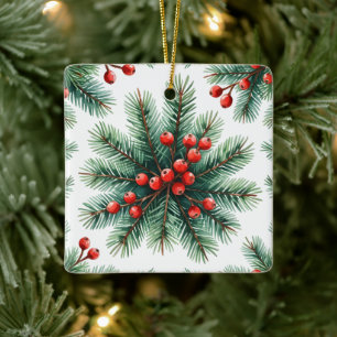 Weihnachts-Kiefernzweig & Rote Beeren Schmuck Ru Keramikornament