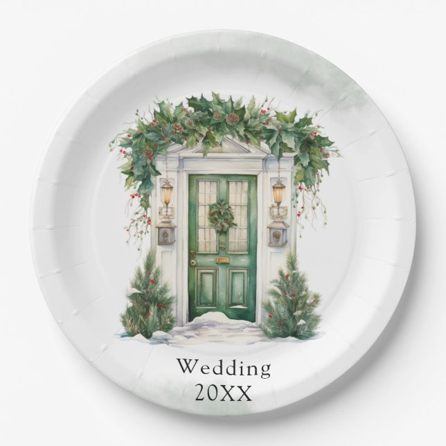 Weihnachts-Kirchentor Winterlandschaft Hochzeit Pappteller (Vorderseite)