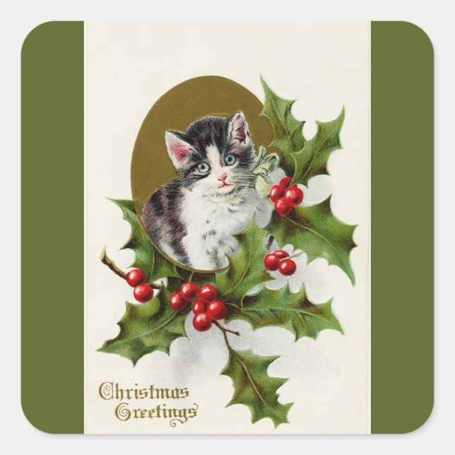Weihnachts-Kitten Green Square Sticker (Vorderseite)
