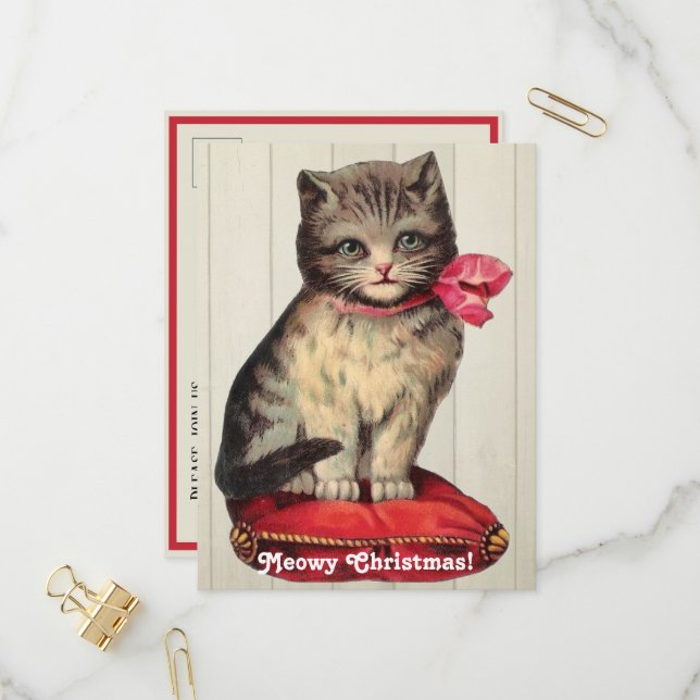 Weihnachts-Kitten mit einem roten Bow Einladungspostkarte (Vorderseite/Rückseite Beispiel)