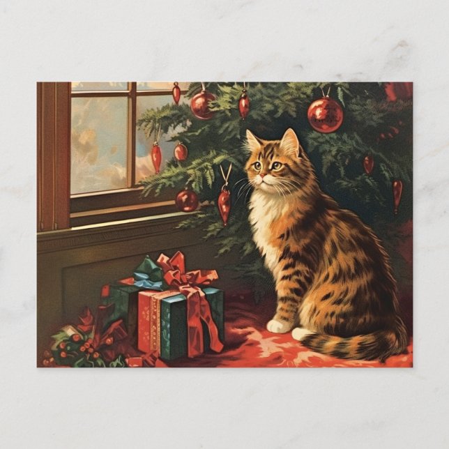 Weihnachts-Kitty am Fenster Feiertagspostkarte (Vorderseite)
