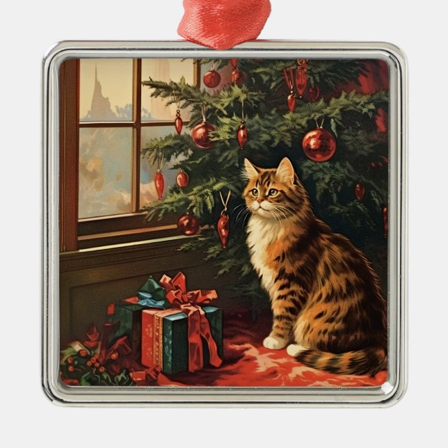 Weihnachts-Kitty am Fenster Ornament Aus Metall (Vorne)