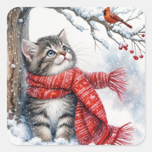 Weihnachts-Kitty sieht einen Kardinal Quadratischer Aufkleber (Vorderseite)