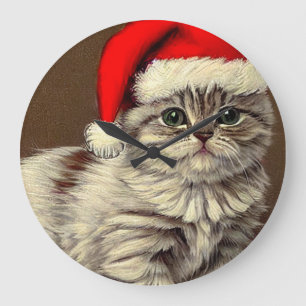 Weihnachts-Kitty-Weihnachtsmannmütze Große Wanduhr