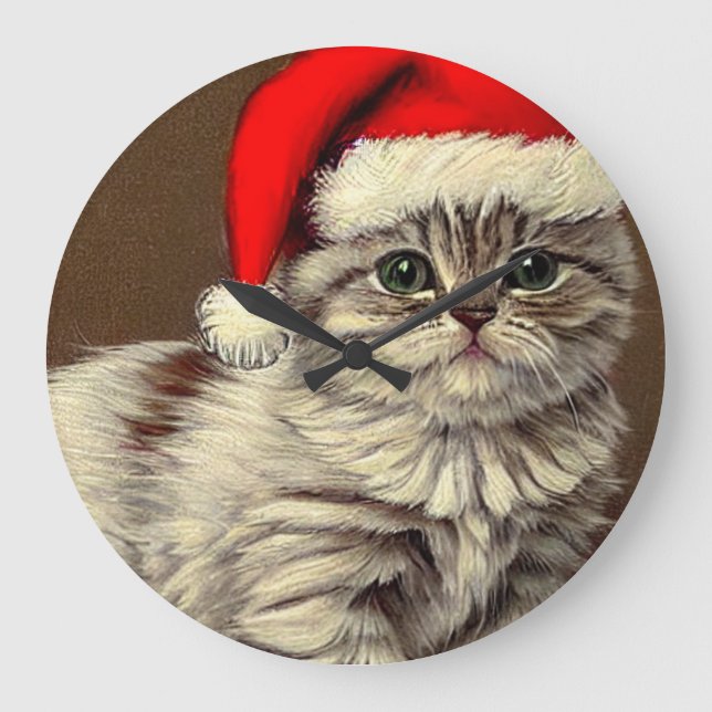 Weihnachts-Kitty-Weihnachtsmannmütze Große Wanduhr (Vorderseite)