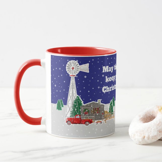 Weihnachts Kleiner roter LKW mit Kabine und Windmü Tasse (Mit Donut)