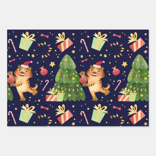 Weihnachts Kleiner Tiger in Weihnachten Baumgesche Geschenkpapier Set (Vorderseite)