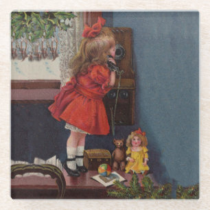 Weihnachts kleines Mädchen Telefon Antik Glasuntersetzer