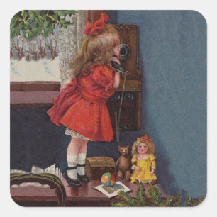 Weihnachts kleines Mädchen Telefon Antiquität Quadratischer Aufkleber