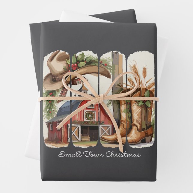 Weihnachts Kleinstadt Retro Western Cowgirl Stiefe Geschenkpapier Set (Beispiel)